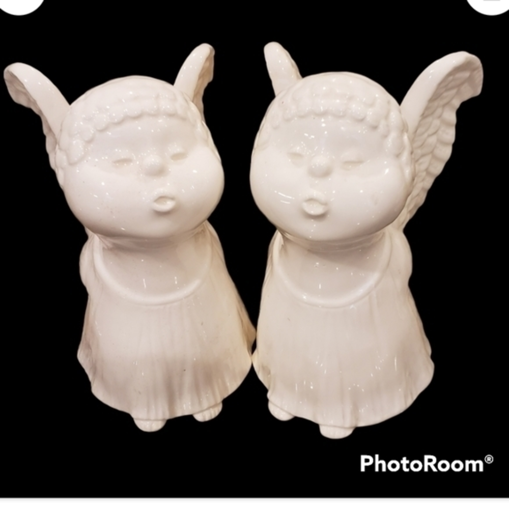 🎄Set 2 White Porcelain Choir  Angels Candle Holders Fitz‎ and Floyd